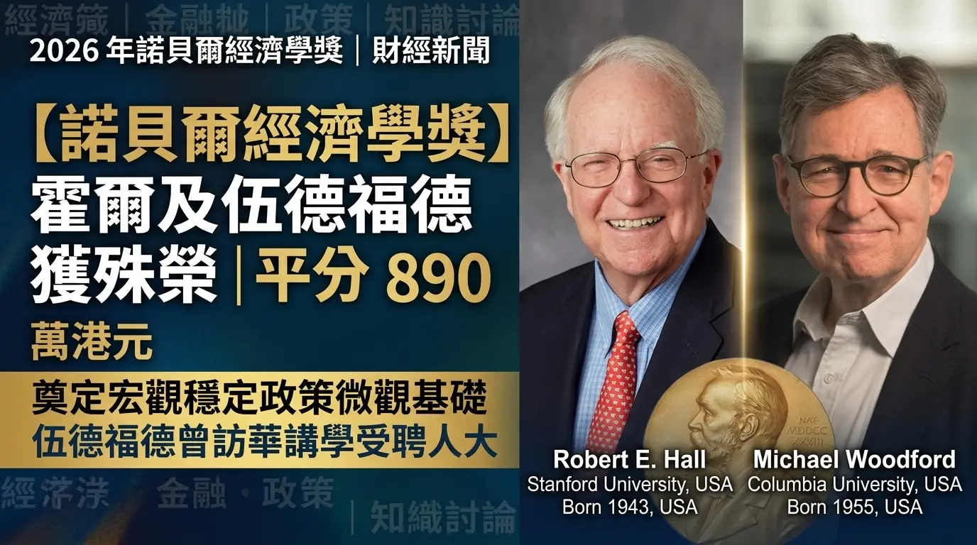 2026年諾貝爾經濟學獎授予美國經濟學家霍爾（Robert E. Hall）與伍德福德（Michael Woodford）。