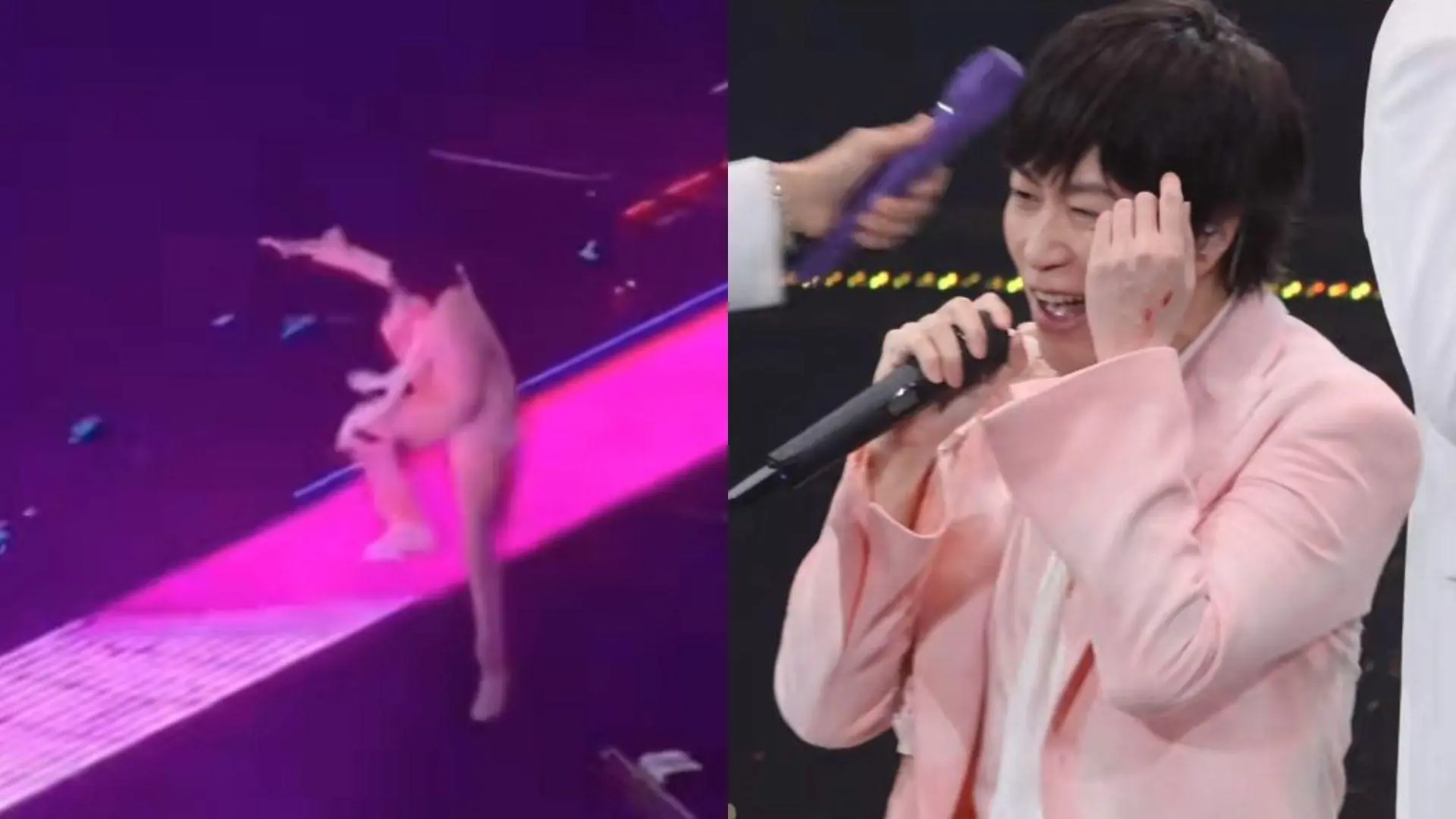 阿信在演唱過程中不慎踩空，從2公尺高的舞台跌落，背部重擊舞台機關，手部受傷流血，嚇壞現場萬名歌迷，相關話題瞬間衝上微博熱搜，引發全網關切。(圖：視頻截圖)