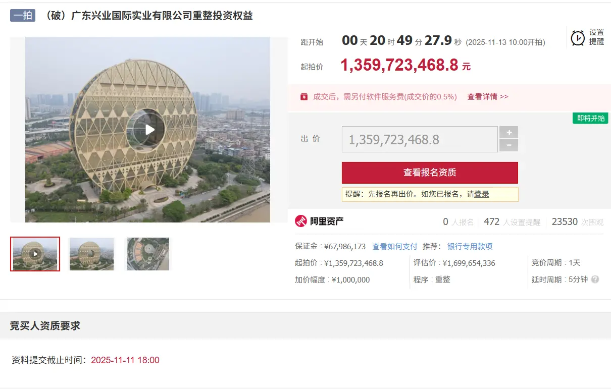 曾被評為「最醜建築」的廣州地標銅錢大廈（廣州圓大廈），因母公司鴻達興業集團破產，以13.6億元在阿里法拍掛拍。15天掛拍期間引2萬人圍觀，卻無人報名，這已是其第三次法拍，若流拍將啟動二次拍賣。（來源：阿里法拍）