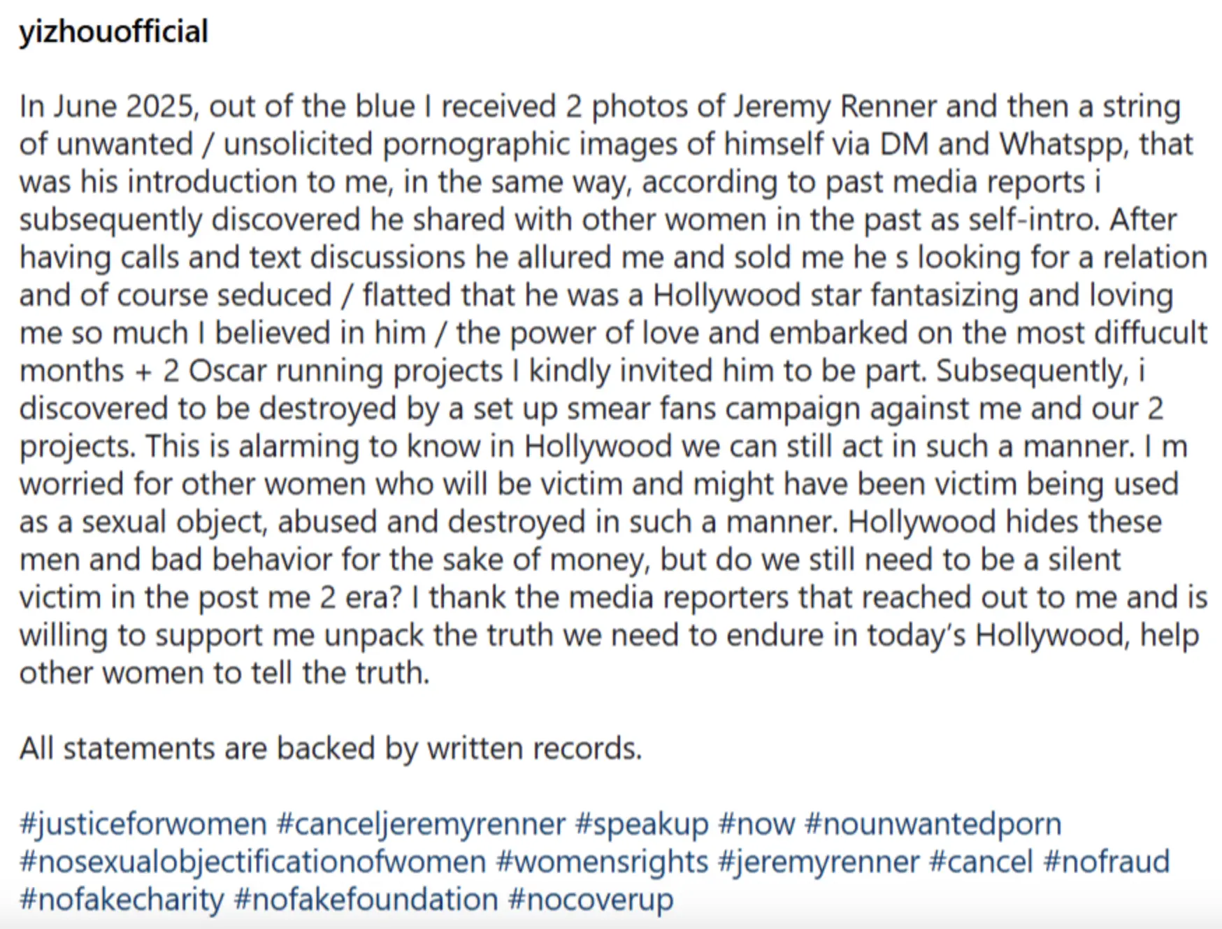 據周依在 Instagram 長文及受訪內容顯示，她與雷納於 2025 年 6 月結識，當時雷納主動通過 WhatsApp 聯繫她，並以「尋找真愛、長期單身」等言辭展開追求。(圖：網絡擷取)