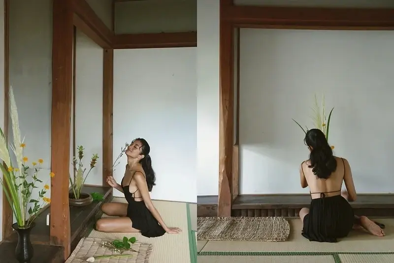 日本綜藝女王Rola（蘿拉）於IG分享日式插花照片，背部近乎全空的大尺度洋裝引發爭議。網友兩派論戰，有人批評不看場合，也有人力挺穿衣自由，她過去也曾因農務穿搭掀起討論。（來源：IG）