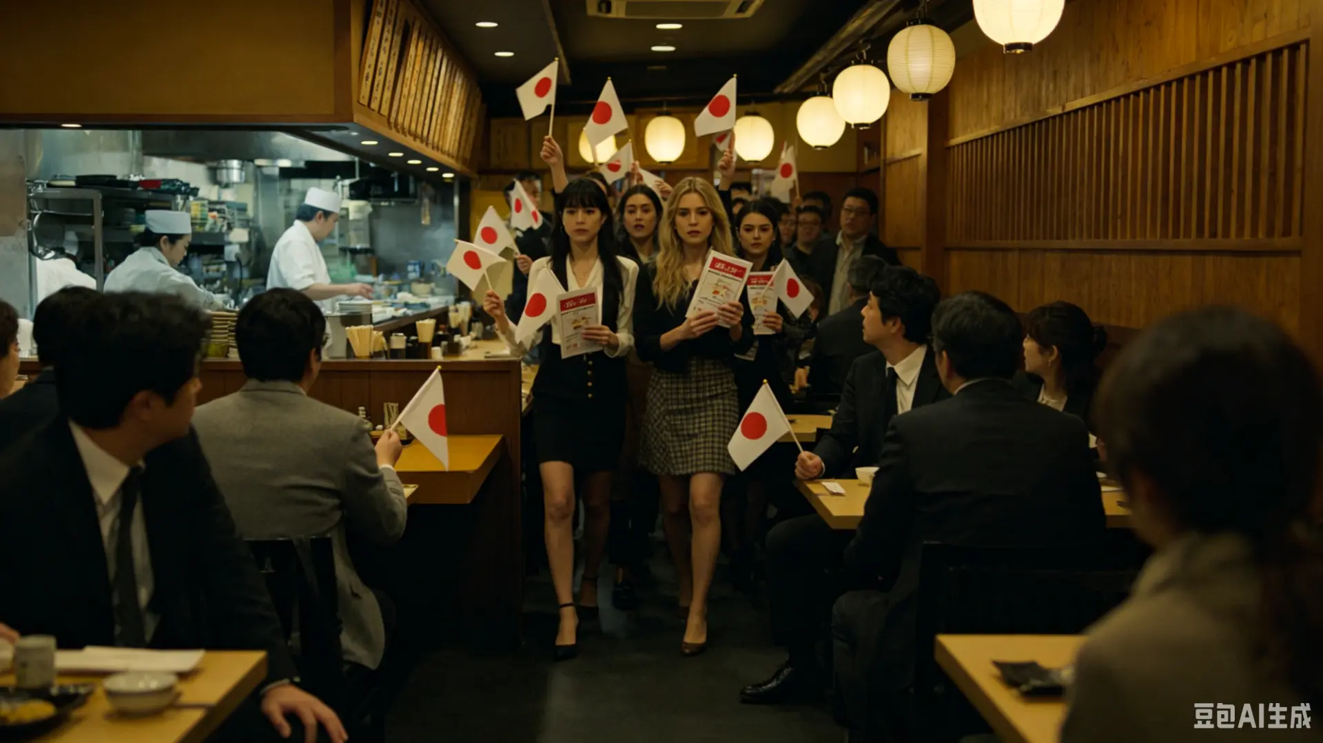 日本現全新詐騙騷擾模式，多名外籍女子闖入餐飲店，以聾啞人士文化交流名義，強迫店家與顧客捐款換國旗，業者為避免營運受幹擾只能付錢，專家警示背後恐有集團操控。（示意圖來源：豆包AI）