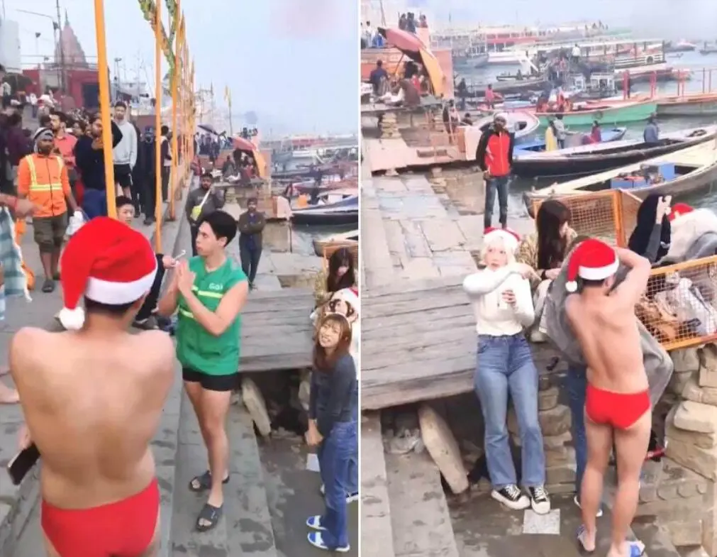 日本YouTuber團隊於聖誕節在印度恒河小便，激怒當地居民遭包圍斥責，初期爭議反轉後團隊與導遊陸續道歉，警方展開調查。（視頻截圖來源：X）