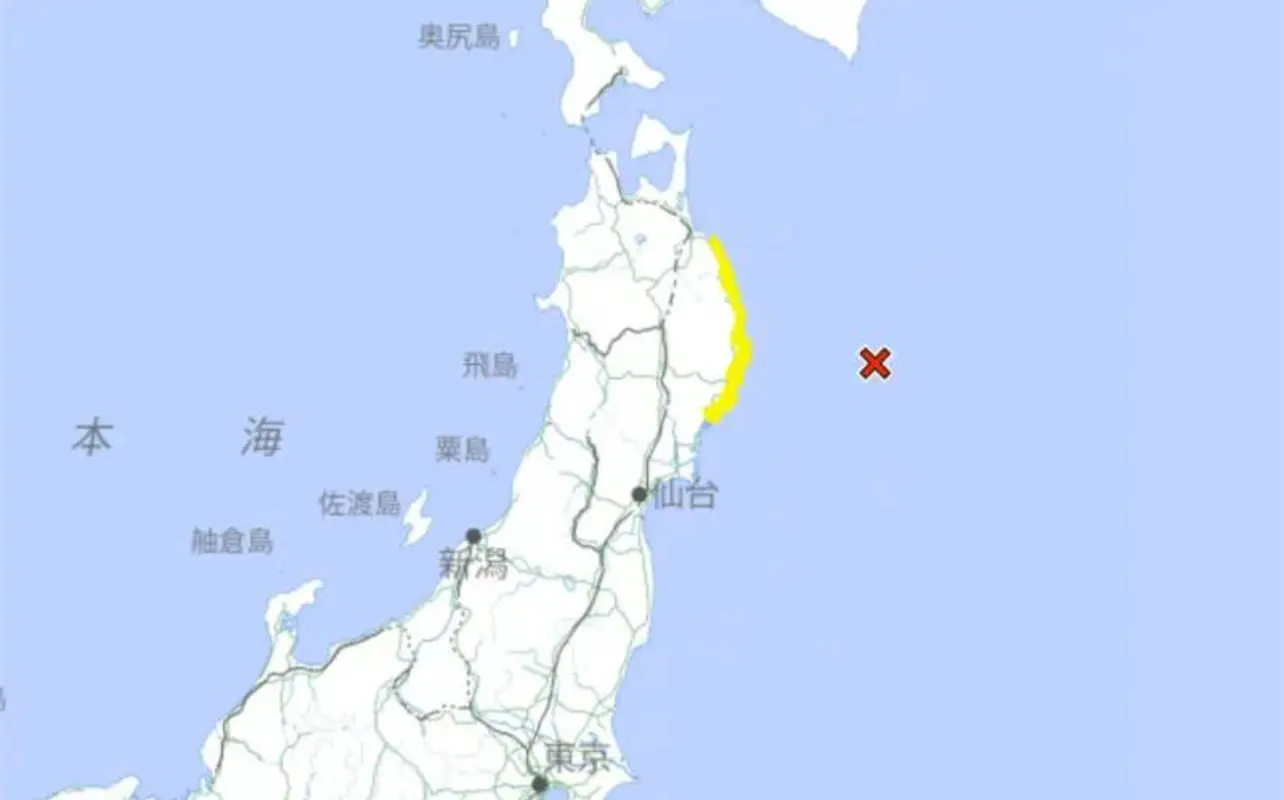 日本東北三陸沖近海規模6.7強震後，日本氣象廳發布海嘯注意警報，後於短短一個多小時又陸續發生至少8起地震。（日本氣象廳）