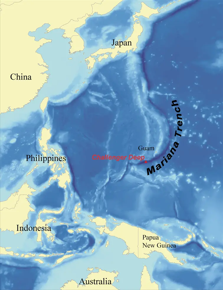 地球的最低點，並不在陸地，而是隱藏在北太平洋西部的馬里亞納海溝。（來源：wikipedia）