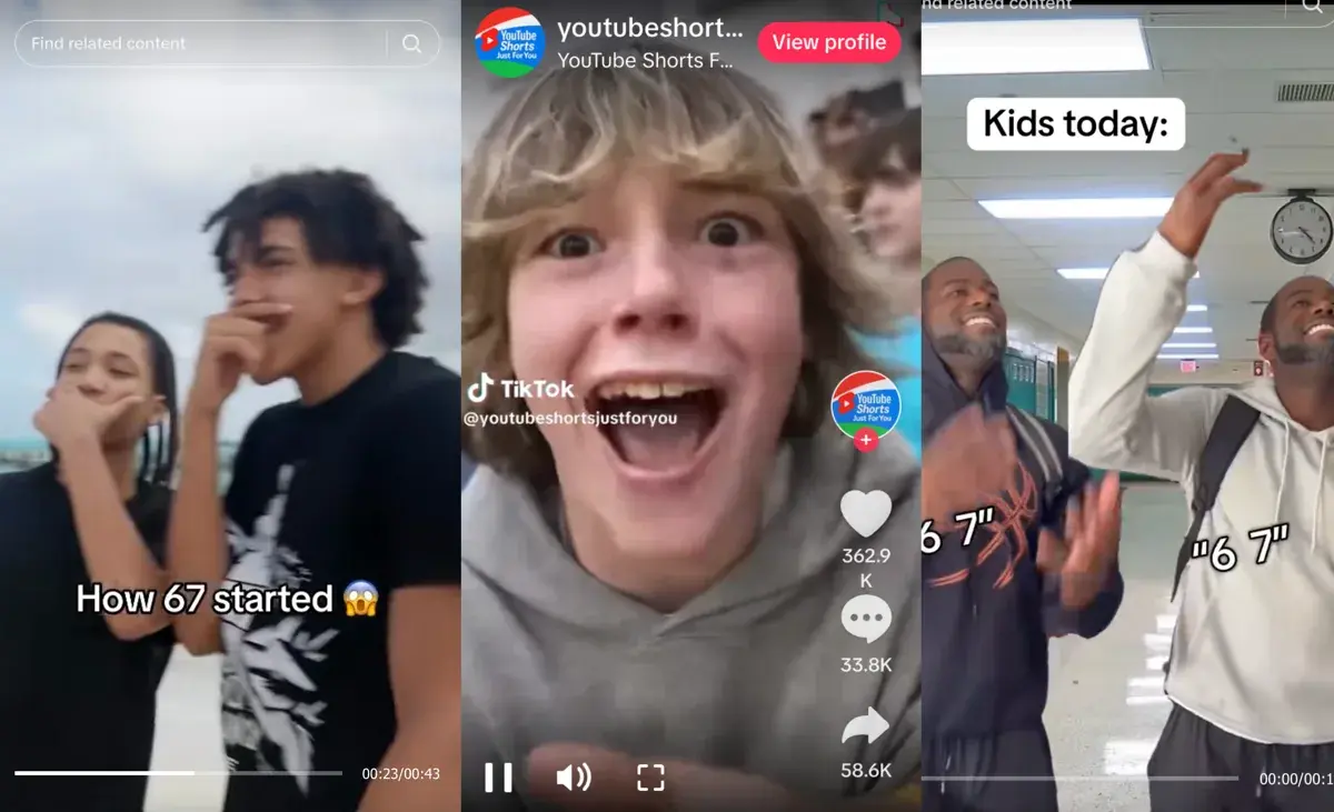 真正讓「67」突破圈層、走向大眾的，是綽號「67 Kid」的男孩 Maverick Trevillion。2025 年 3 月，他在校園籃球賽中反覆對鏡頭大喊「67」，並做出交替比出 6 和 7 的誇張手勢，這段被網友戲稱「尷尬」的影片意外引發模仿潮。(圖：視頻截圖)