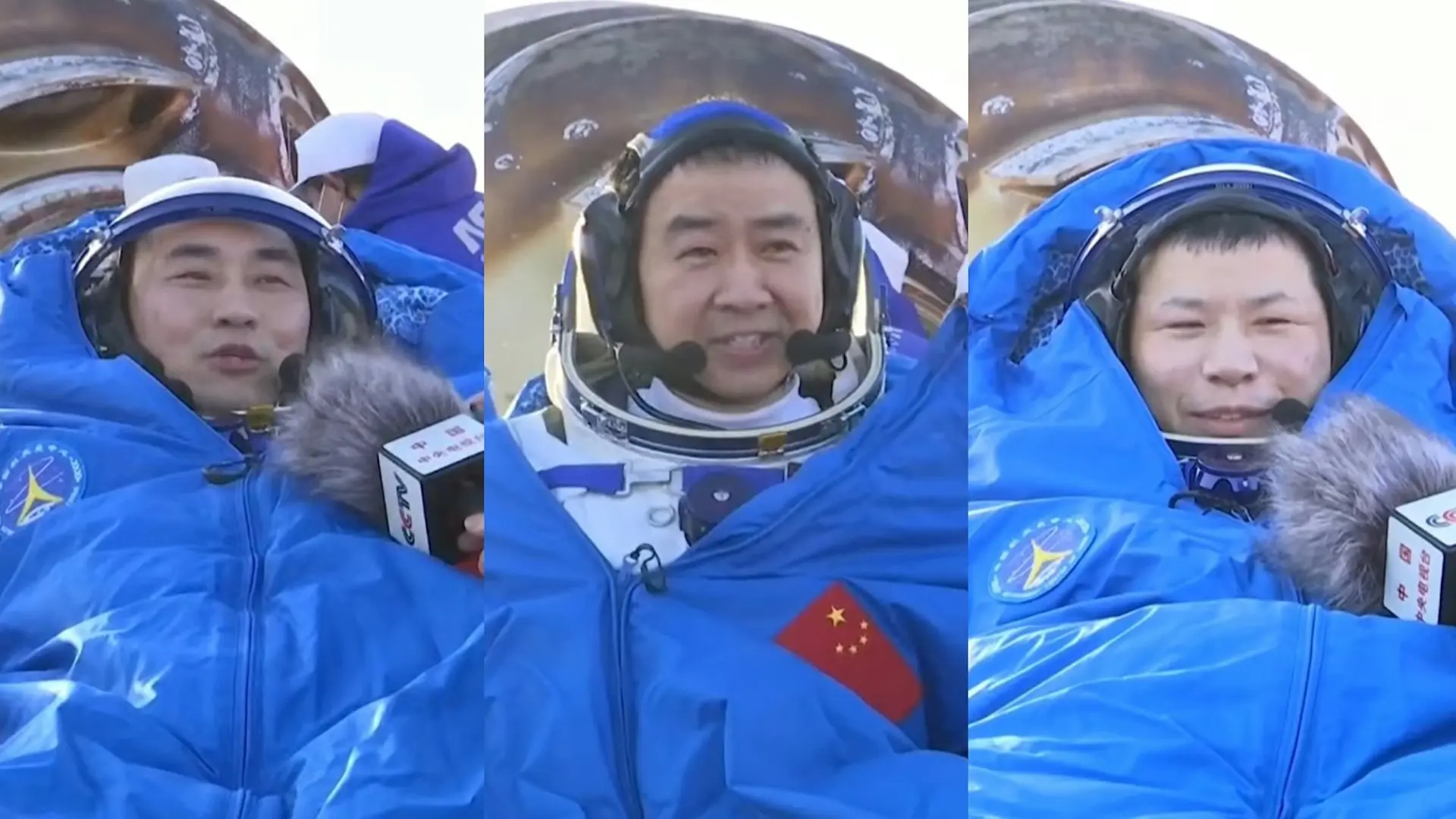 神舟二十號航天員乘組三位成員平安出艙(電視畫面)