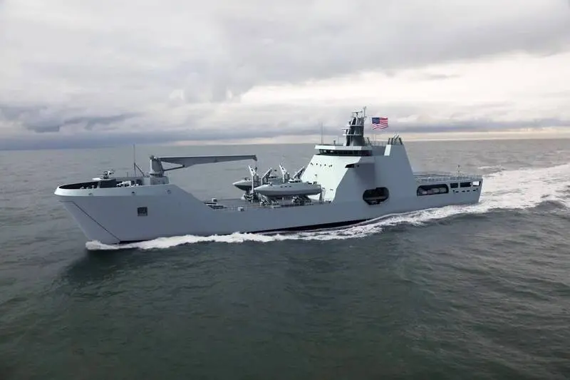美軍新一代「中型登陸艦」（LSM）模擬圖。美國海軍已啟動首批艦艇建造計畫，未來將支援陸戰隊跳島作戰與印太機動部署，被視為強化第一島鏈作戰能力的重要新平台。（圖：美國海軍）