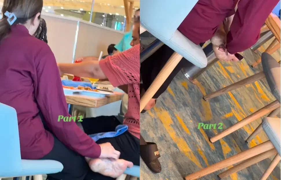 一名女乘客於公共用餐區拿餐叉刮香港腳，畫面影片瘋傳破三千萬觀看，引發全網反胃，官方隨即公開回應並處理善後。（來源：lucky_charmedcourt@IG）