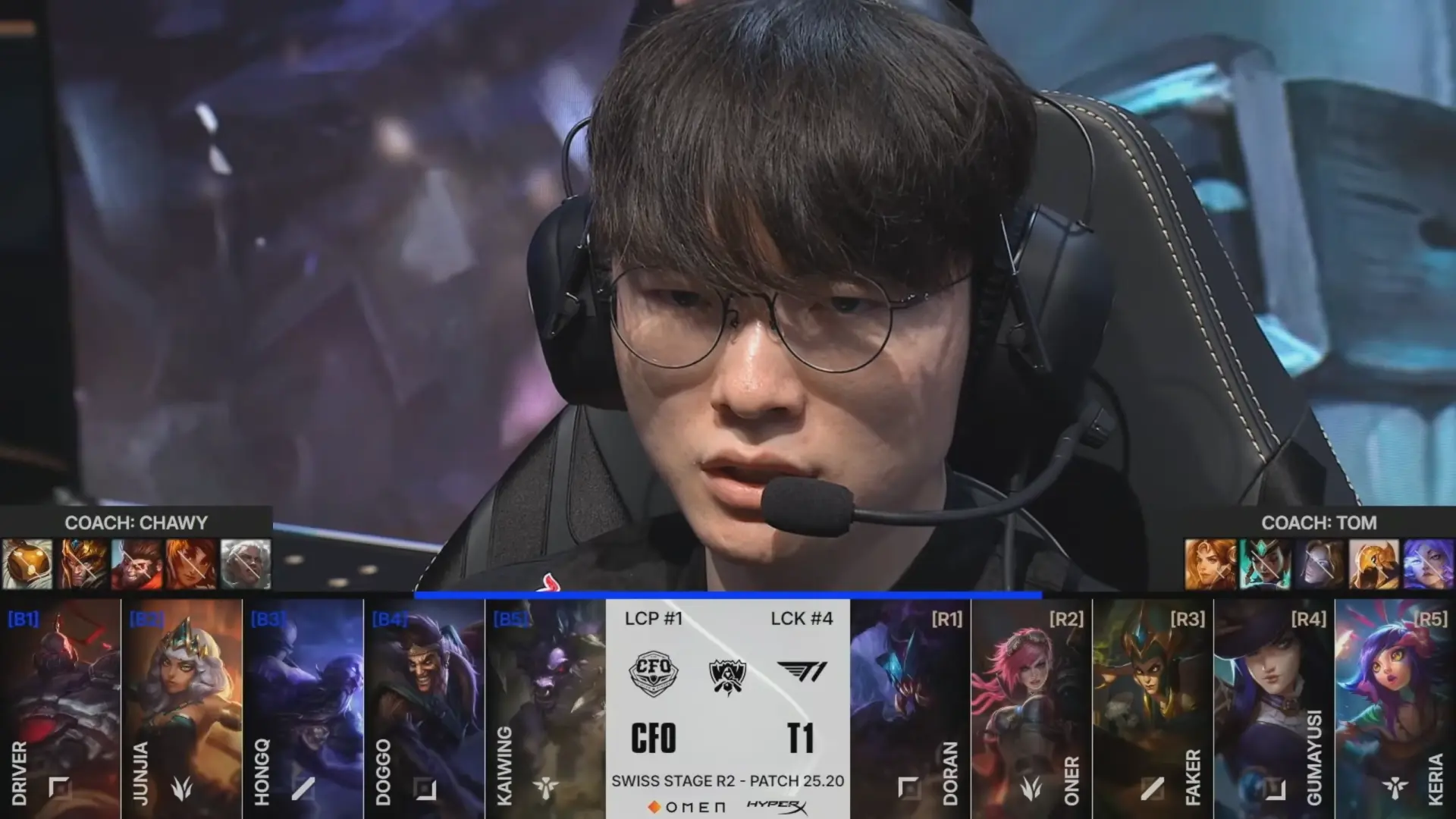 比賽開局 CFO 便祭出換線戰術，AD 選手 Doggo 選用達瑞文對抗 T1 的凱特琳體系，僅 4 分鐘就在塔下成功單殺 T1 Doran 的雷珂煞，拿下首殺。(圖：LoLEsportsTW)