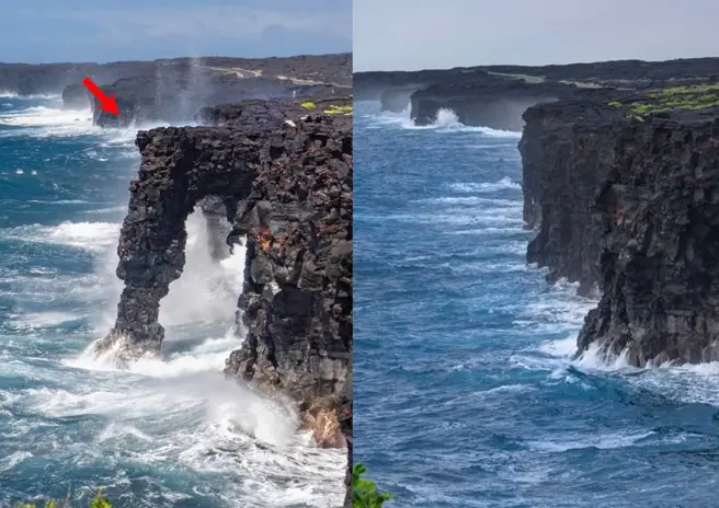 屹立於夏威夷島海岸約550年的天然奇觀「霍雷海蝕拱門」，近日傳出遭海浪吞噬消失的消息，當地政府單位已經證實。（翻攝X）