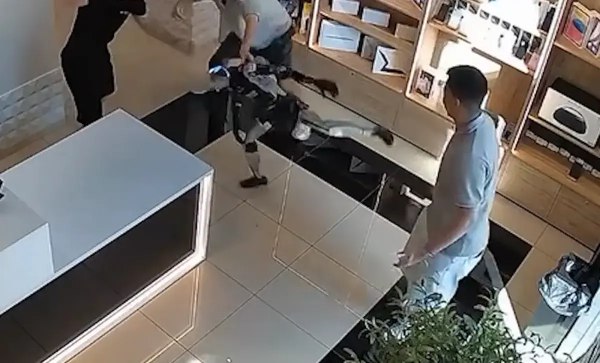 俄羅斯電器店人形機器人Syoma遭顧客伸手推擠後，突擡腿揮拳做出反擊動作，畫面瘋傳網路，引發AI暴走、人為行銷炒作兩派猜測，真相至今未有定論。（來源：New York Post@YouTube）