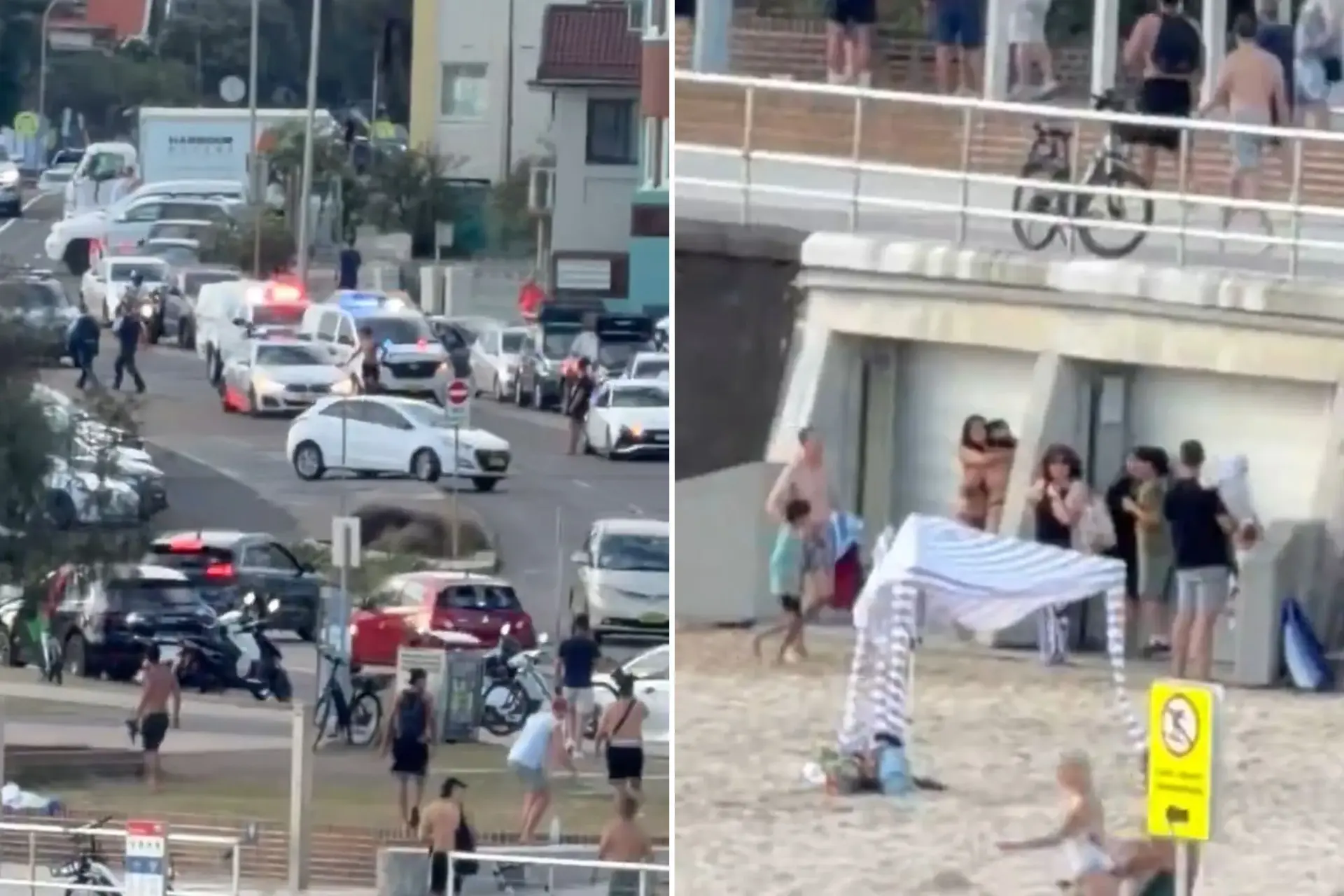 新南威爾斯州警方接報後迅速介入，於當天傍晚將 2 名槍手制伏，其中 1 人被警方擊斃，另 1 人受傷被捕。警方透過社交平台 X 多次發文，呼籲民眾避開邦迪海灘區域，現場人員即時尋求掩蔽。(圖：視頻截圖)