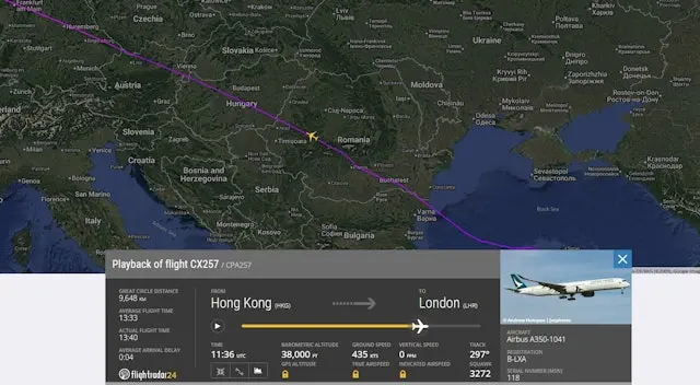 涉事航班為CX257，由香港飛往倫敦。(圖片來源：Flightradar24.com)