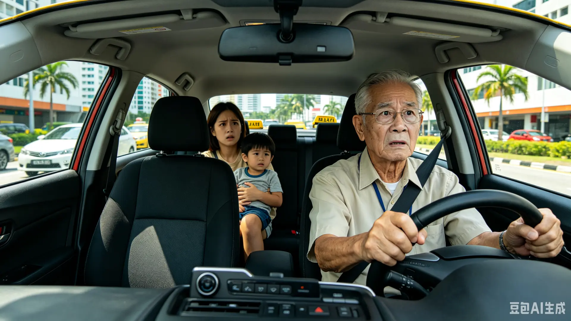 新加坡ECP高速路段發生驚險車禍，七十三歲計程車司機行駛中突發昏迷、口吐白沫並踩住油門失控。三十六歲人妻臨危開車門擦欄減速，成功帶六歲兒子安全逃生，目前案件已啟動調查。（示意圖來源：豆包AI）
