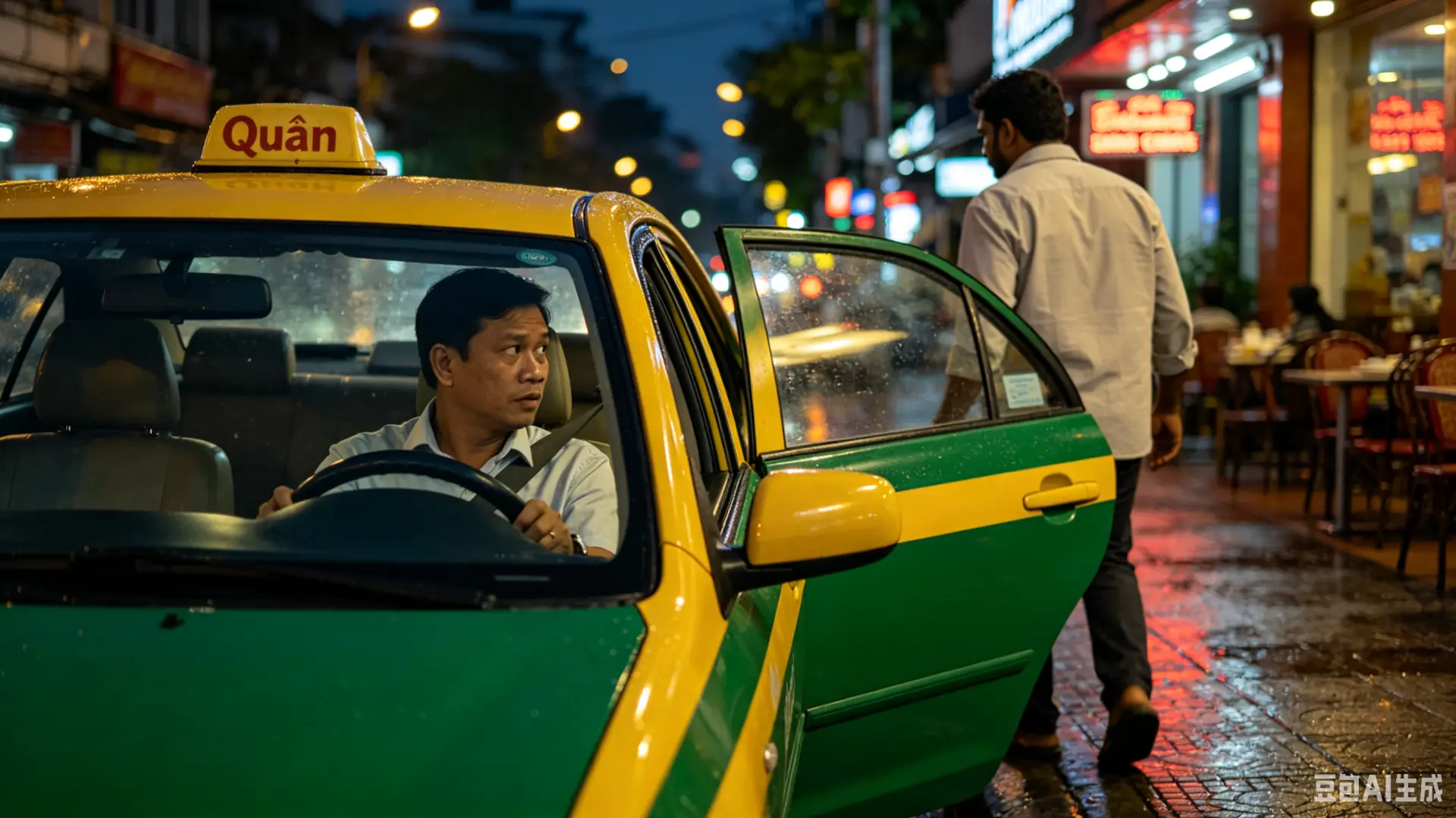越南計程車司機Quan載送一名疑似印度籍乘客，對方抵達後未付車資，只說「I have no money, thanks」便離開。事後乘客拍片解釋，司機因金額不大選擇不追究，影片引發網友熱議。（示意圖來源：豆包AI）