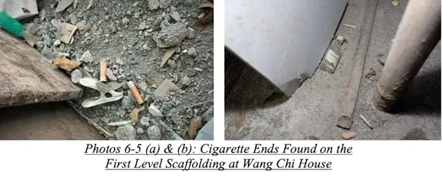 報告指出，除了宏昌閣平台外，宏智閣竹棚架及宏昌閣天台的閉路電視均捕捉到工人吸煙及隨處拋棄煙頭的畫面。（調查報告截圖）
