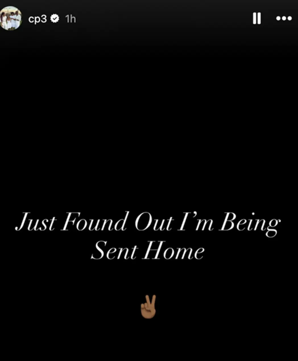 美東時間12月2日凌晨，一則黑底白字的Instagram限時動態引爆NBA圈——40歲的Chris Paul寫下「我才剛被告知，我被叫回家了」，配著勝利手勢emoji，字裡行間藏不住意外與唏噓。(圖：cp3@IG)