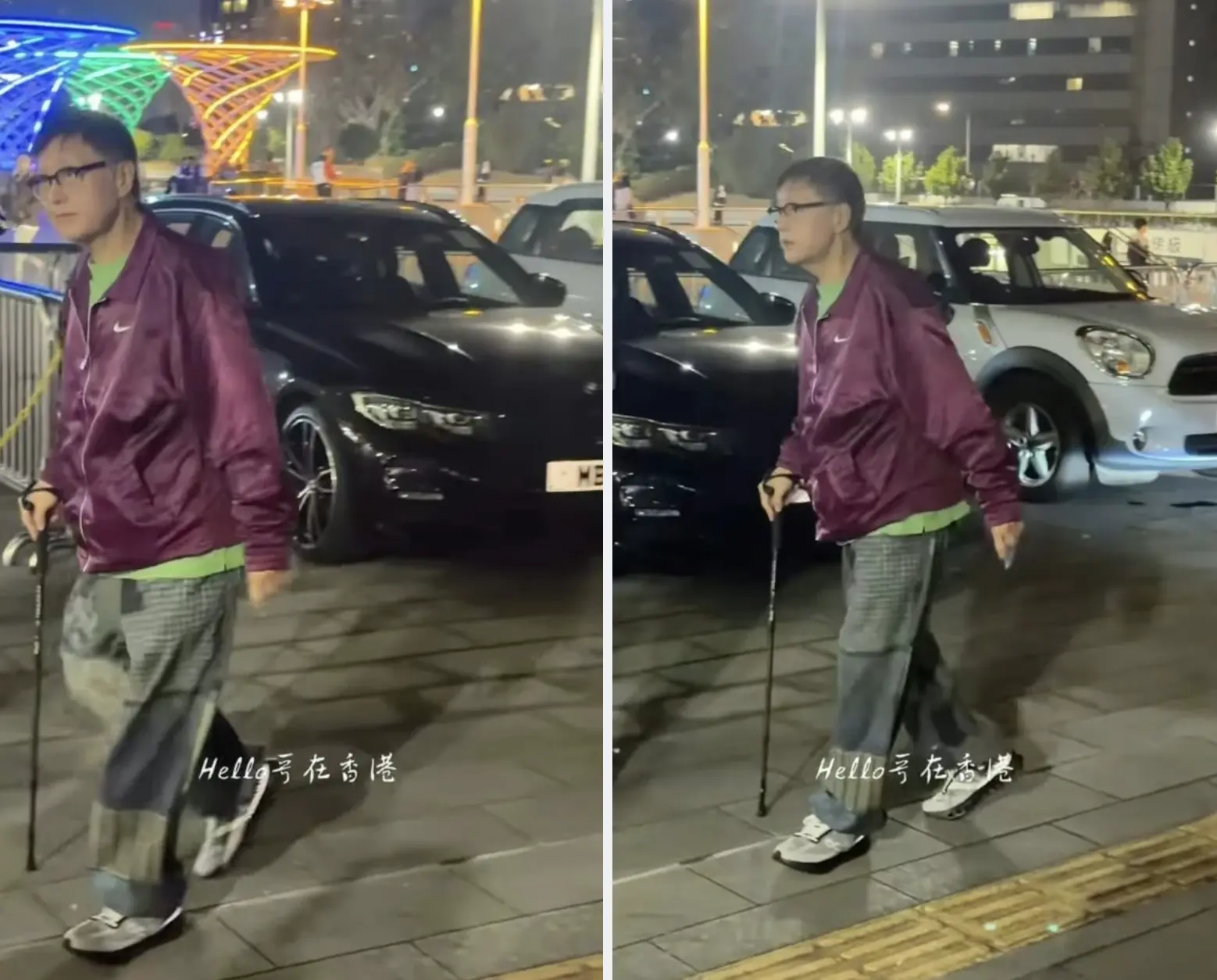 從網民拍攝的現場片段可見，谷德昭當晚身穿紫紅色外套搭配拼布牛仔褲，打扮依舊新潮入時，但體態卻與昔日圓潤精神的模樣判若兩人。(圖：Hello哥在香港@抖音)