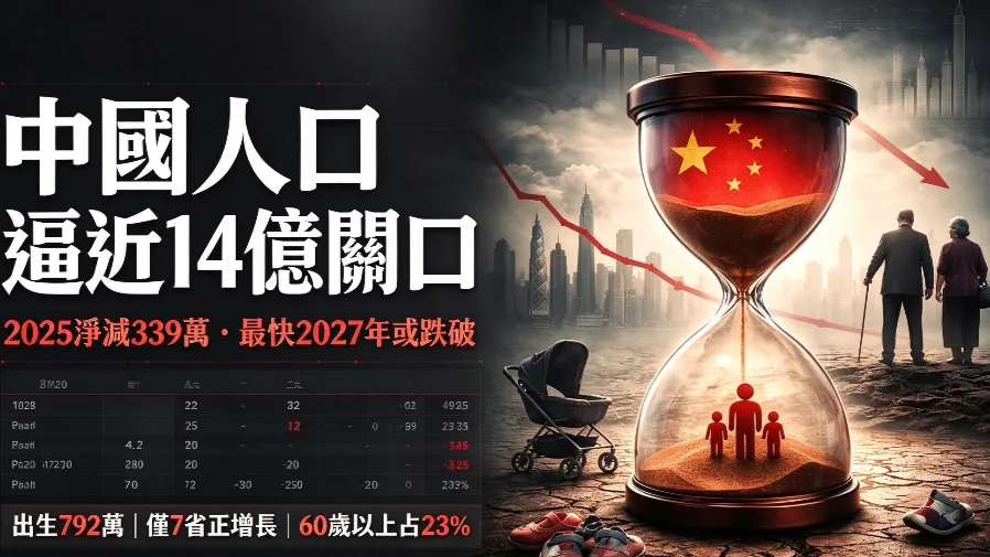 2025 全國人口淨減 339 萬　總人口逼近 14 億大關、預計 2027 年跌破的封面圖片