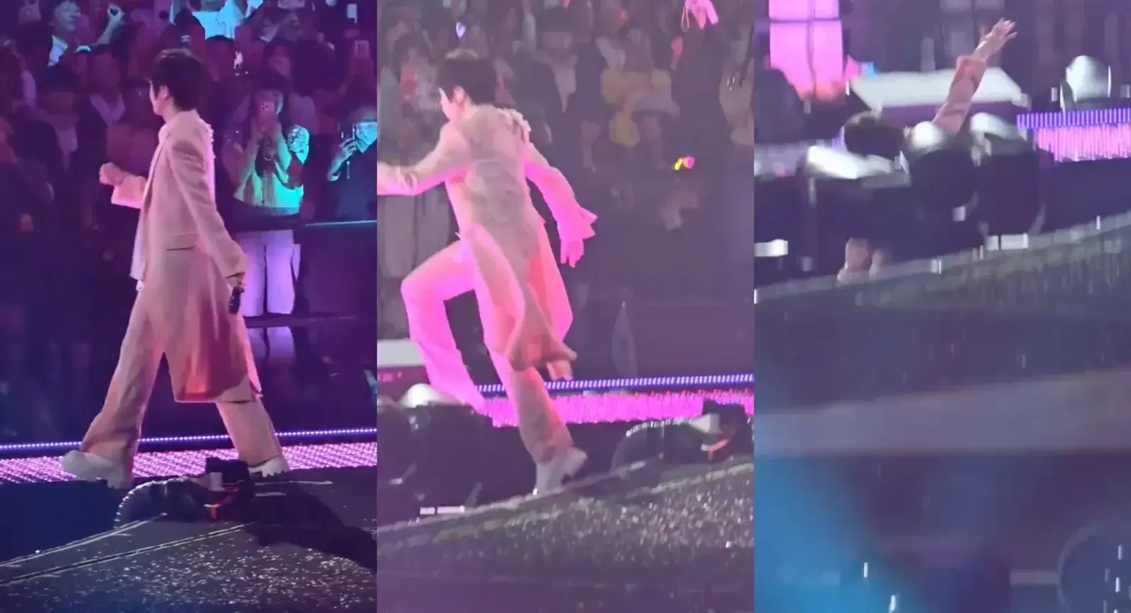 據現場歌迷拍攝的影片及目擊描述，意外發生在四人合唱經典曲目期間，當時阿信正走向延伸舞台，因未注意到舞台邊緣空隙，不慎踏空跌落。(圖：視頻截圖)