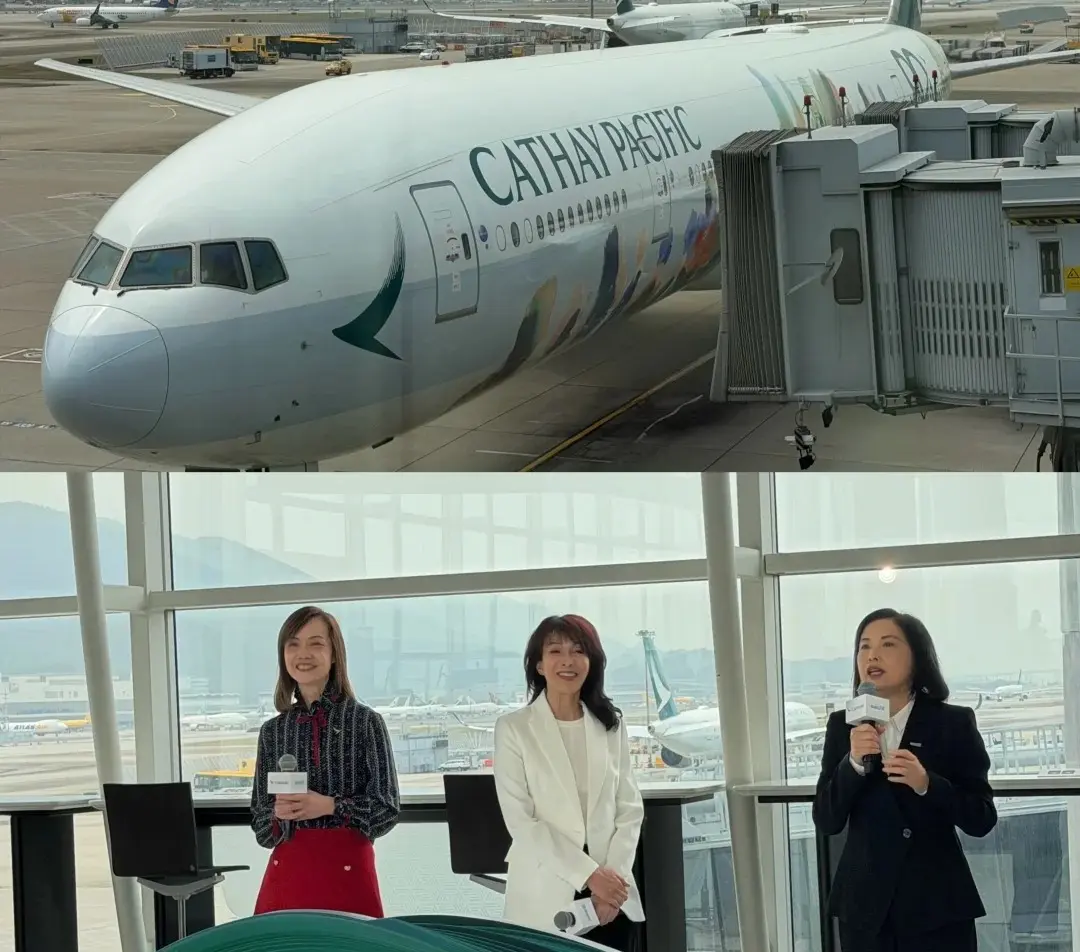 第五代藝術塗裝客機「香港精神號 —— 八十周年紀念版」，為國泰八十周年慶典再添亮點。活動當日，著名演員及主持人鄭裕玲亦親臨現場，與一眾嘉賓共同見證這架承載香港文化精神的客機正式亮相。(圖：小紅書) 