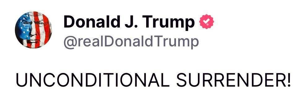 特朗普發文要求伊朗無條件投降。（圖TruthSocial@realDonaldTrump）