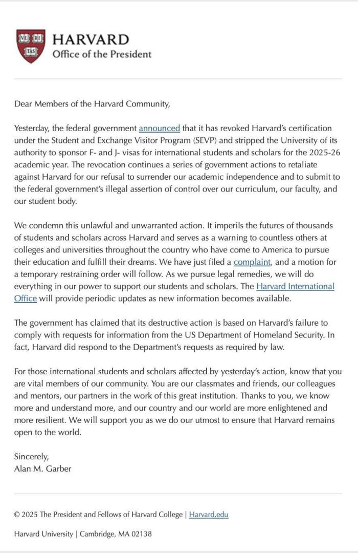 哈佛大學校長致全校師生信函。（網上圖片）