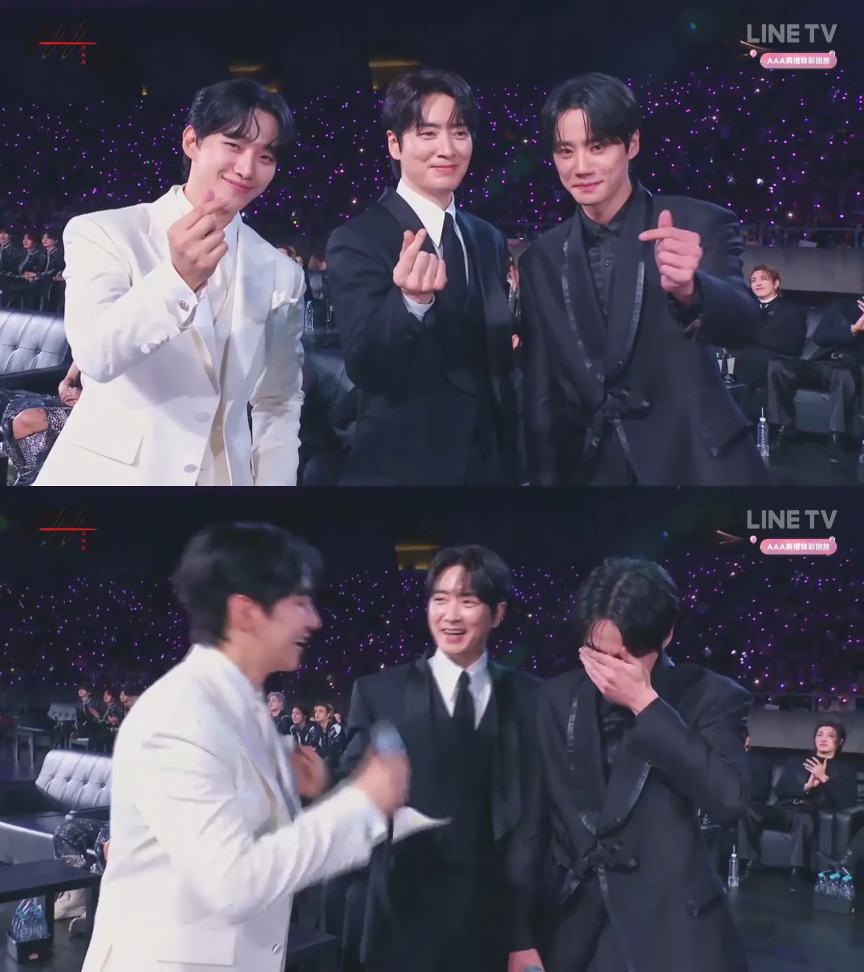 典禮期間更誕生經典名場面，事前因名字發音相似備受關注的李俊昊、李浚赫、李濬榮三位大勢演員順利同框，李俊昊還當場宣布三人組合名為「LJ三兄弟」，小心翼翼地逐個念清名字，隨後帶領兩人對鏡頭比出手指愛心，讓現場觀眾度過難得的「截圖時間」。(圖：視頻截圖)