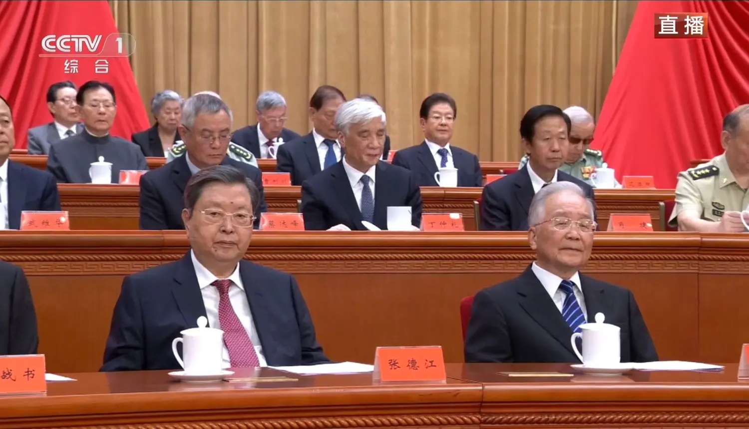溫家寶(右)與張德江。(央視畫面)