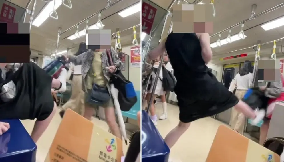 一名年長婦人因要求坐在優先席的年輕人讓座未果，竟多次揮舞手提袋攻擊對方，最終遭年輕人一腳踹飛至對面座位。​(圖：視頻翻攝)