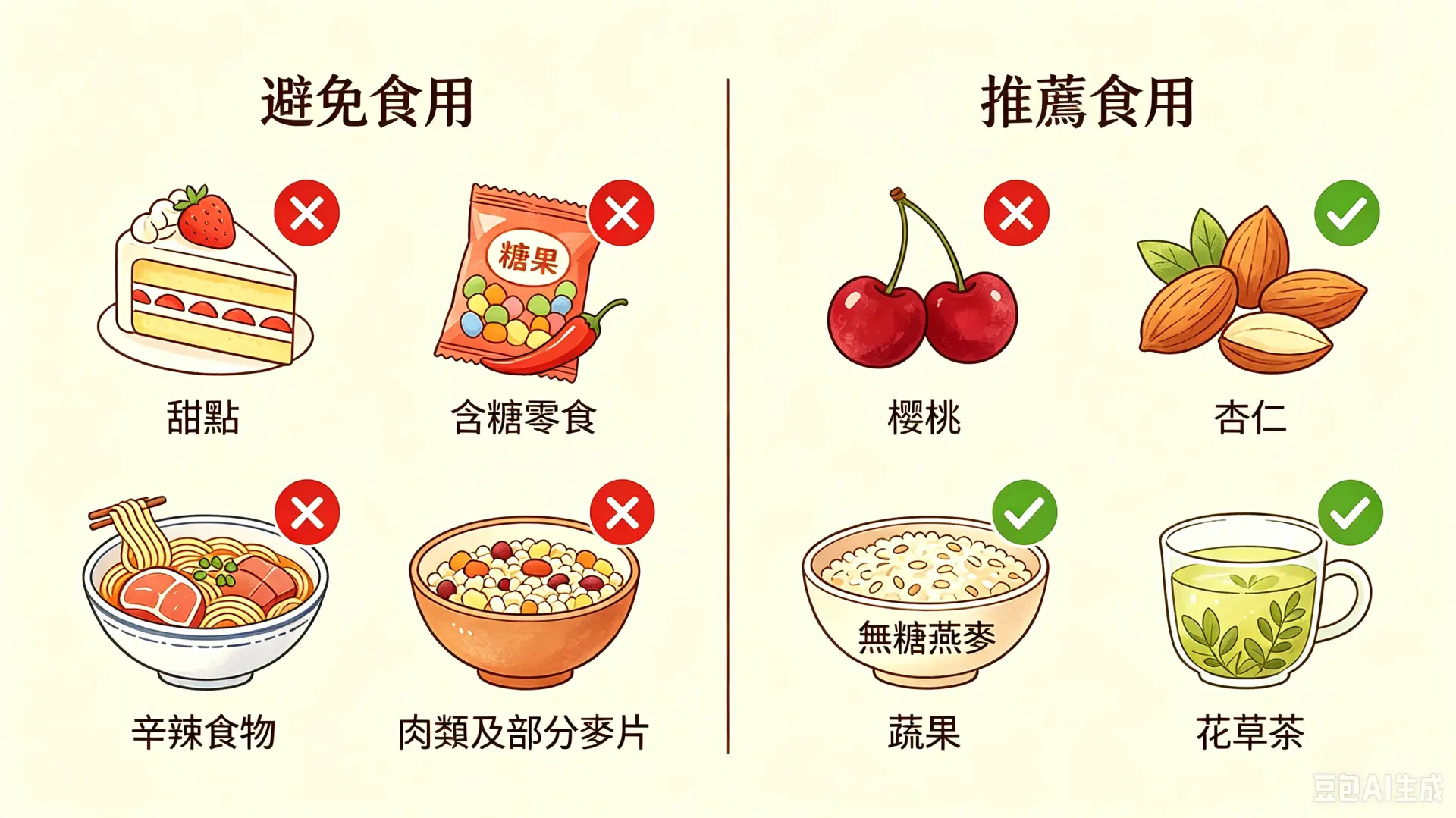 蔬果、花草茶是公認的護眠食物。此外櫻桃、杏仁、無糖燕麥等天然食物，富含褪黑激素、鎂與色胺酸，能放鬆神經、穩定作息，溫和輔助入睡。（示意圖來源：豆包AI）