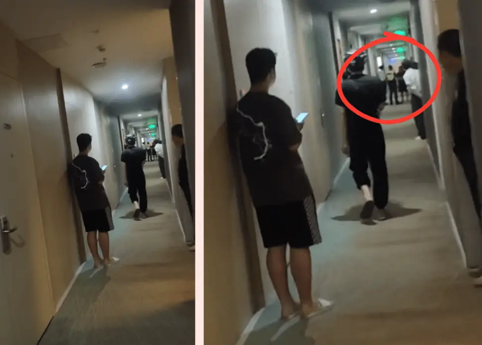 一名疑似香港公務員的男子與妻子北上入住酒店，竟將一名女子安排在隔壁房間，更以「扮肚痛買藥」為藉口潛入鄰房私會，最終被妻子當場撞破。（圖：視頻截圖@Telegram）