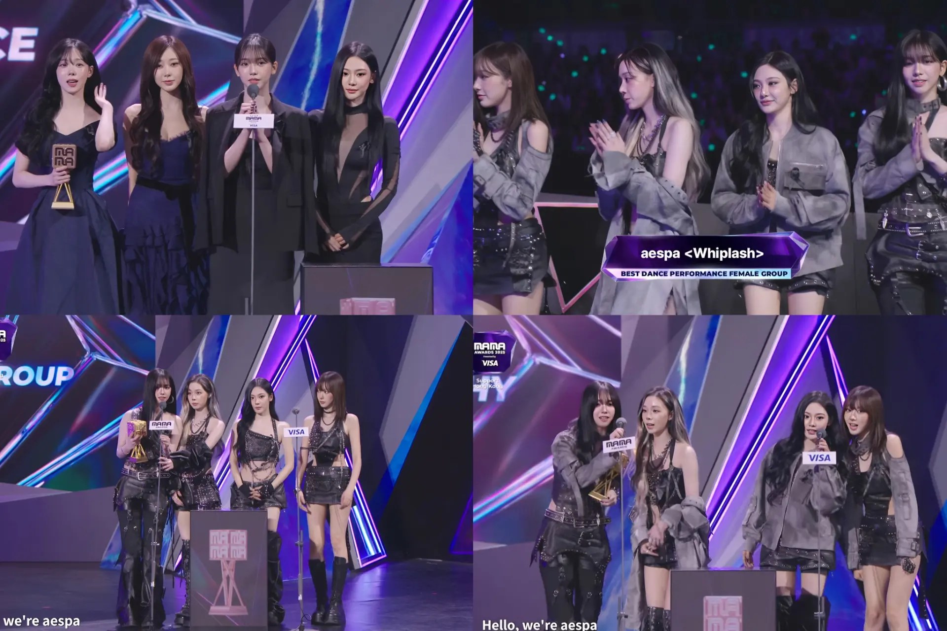 本場頒獎禮中，女團aespa成為最大贏家之一，憑藉強勁人氣奪得「BEST FEMALE GROUP（最佳女團）」「BEST DANCE PERFORMANCE FEMALE GROUP（最佳舞蹈表演女團）」及「BEST CHOREOGRAPHY（最佳編舞）」三項大獎。(圖：視頻截圖)