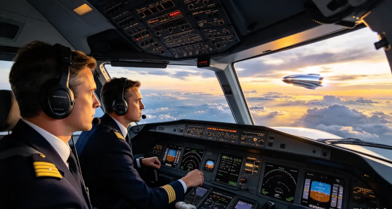 英國航空一架波音777客機6月24日自倫敦希斯洛機場起飛爬升時，在1800公尺高空與銀色金屬不明物僅距15m擦身，機師形容物體約4個烤麵包機大小，官方調查仍無法確認物體身分。（示意圖來源：藍莓卷）