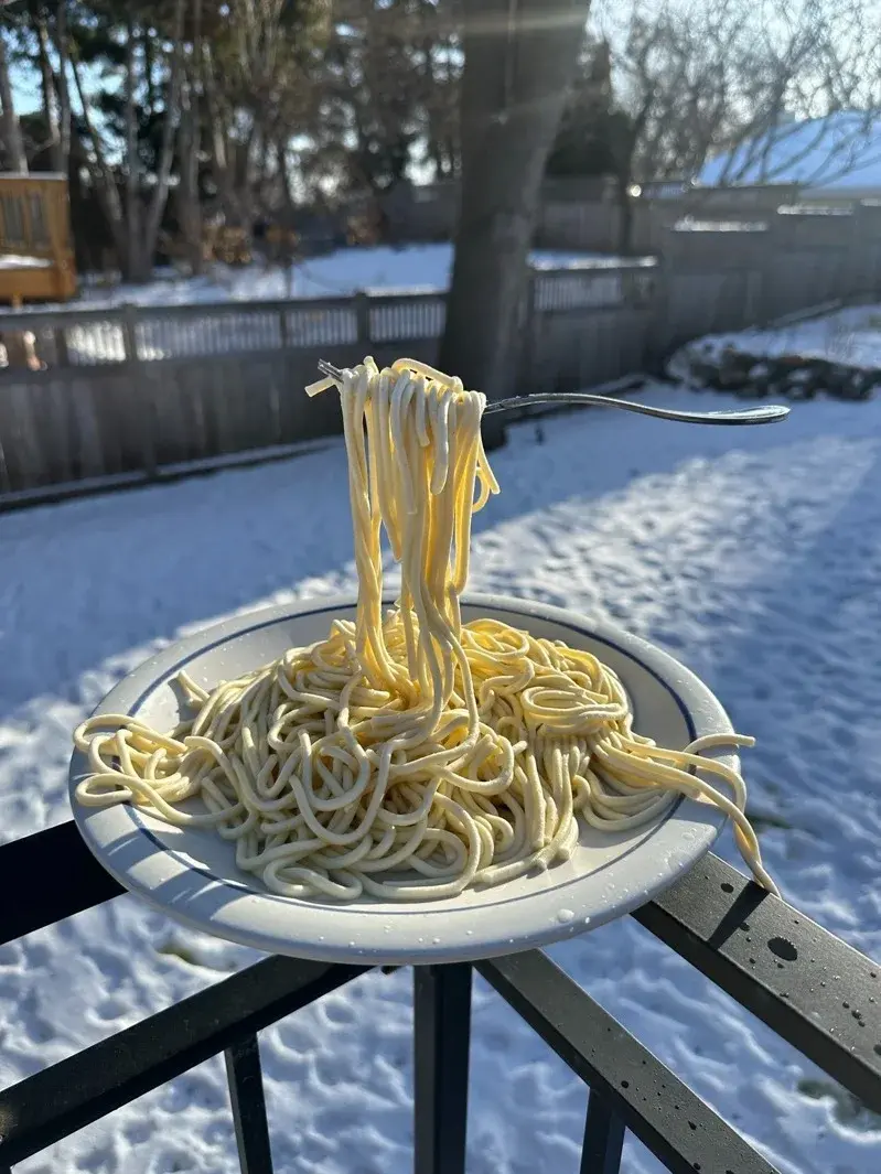 剛剛離開盤子的義大利麵，在戶外的冰天雪地裡瞬間結凍，就這樣以捲曲的姿態定格在半空，模樣和街頭餐廳展示的食物模型幾乎一模一樣。（來源：McDermedFox9@X）