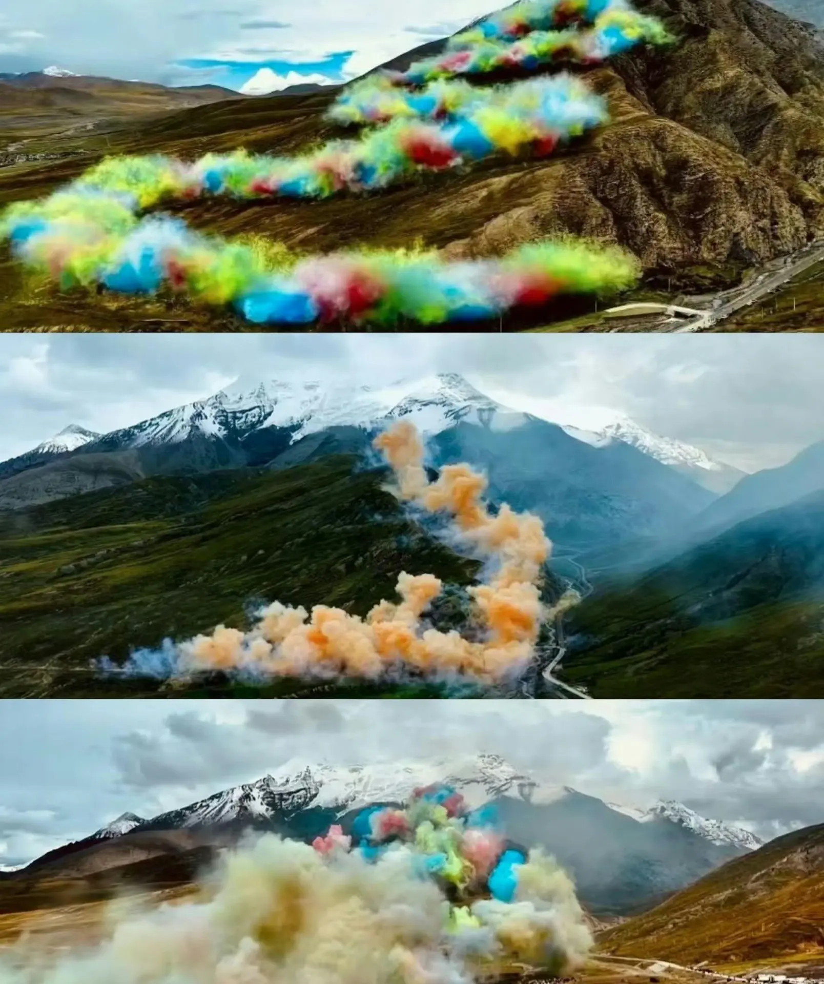 現場視頻顯示，蔡國強通過火藥爆破在山脊點燃三幕煙花，形成「升龍」動態景觀。​(網絡截圖)