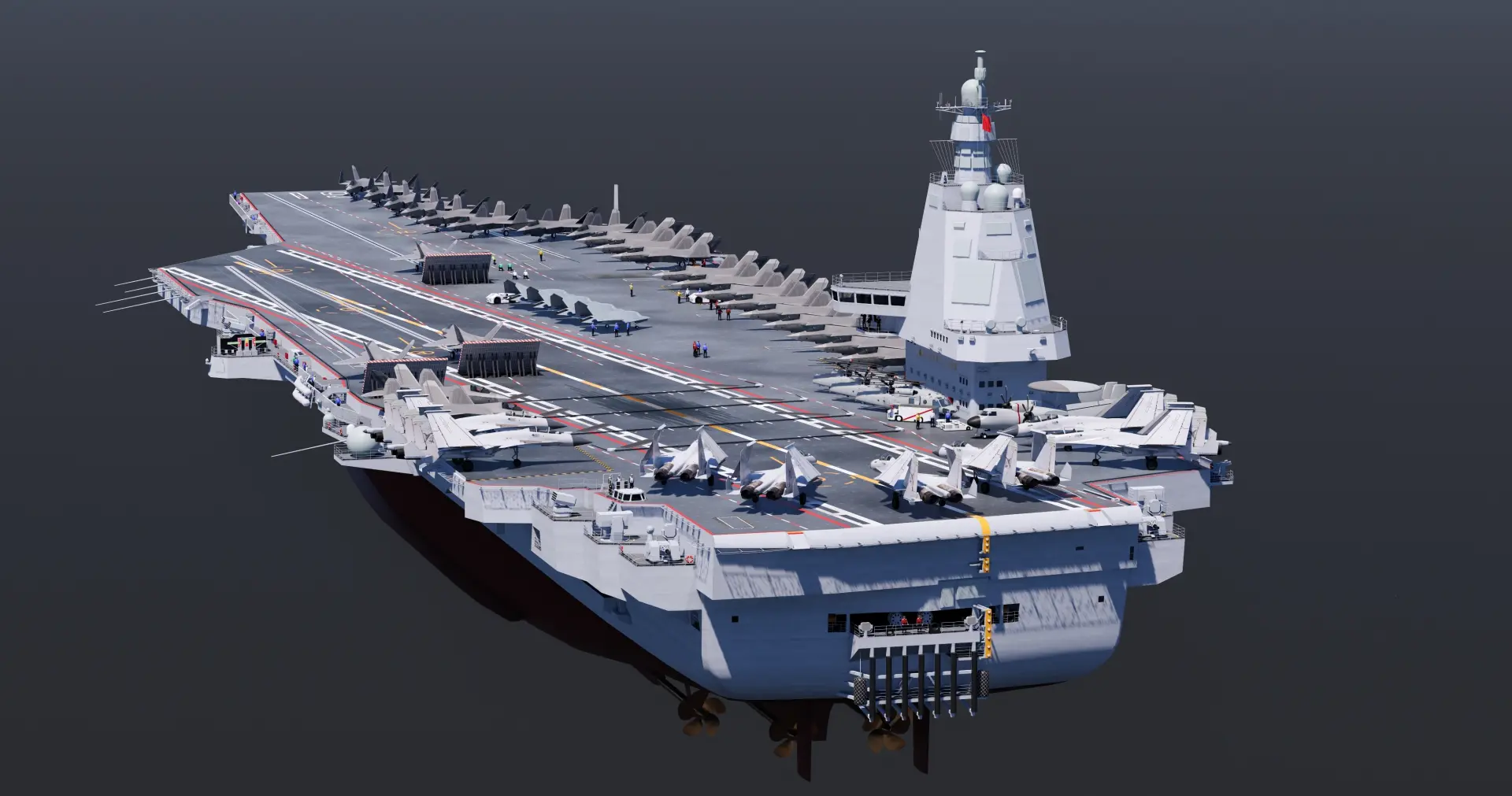 004航艦的排水量，將介於11萬至12萬噸之間，艦長約330至340公尺，全面超越美軍福特級的10萬噸與337公尺。（圖：大包CG@微博）