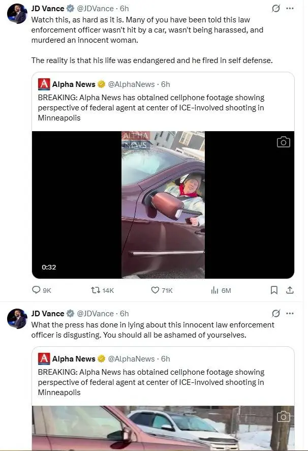 美國副總統萬斯（JD Vance）其後在社交平台轉載該段影片，表示涉事探員是在生命受威脅情況下開槍。