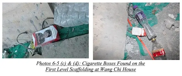 未熄滅的煙頭引燃宏昌閣平台堆積的紙箱等建築雜物。（調查報告截圖）