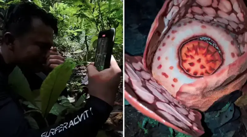 印尼生物學家安德里基薩特耗時13年，與牛津大學團隊在蘇門答臘虎區雨林尋找哈塞爾蒂大王花（Rafflesia hasseltii），終見其盛開。（來源：IllustratingBotanist@ins）