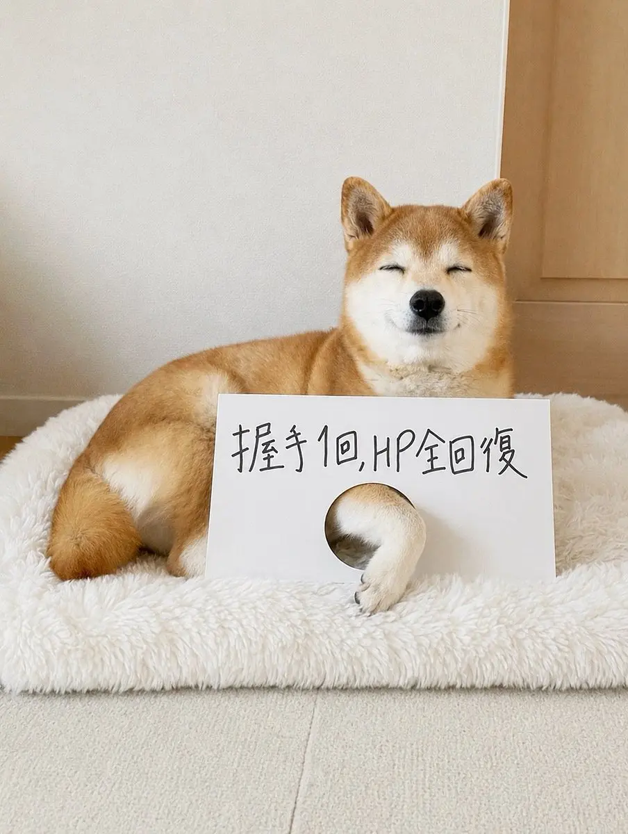 日本網紅柴犬Momo（もも）於社群平台X釋出超萌畫面，瞇眼燦笑的牠提供「握手回復HP」療癒服務，溫柔模樣圈粉無數，成功療癒廣大疲憊社畜，吸引超過160萬網友朝聖。（來源：momonosekaiii@X）