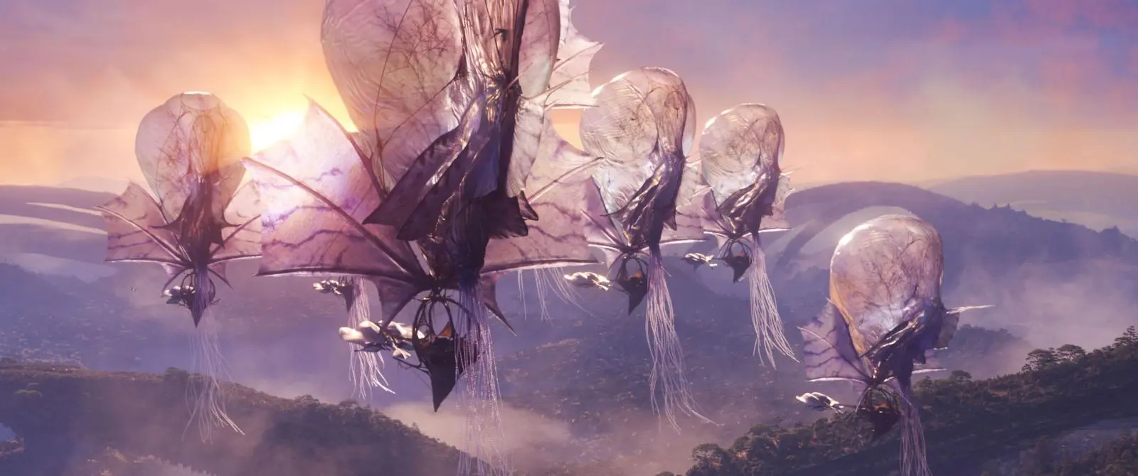 性格樂觀的游牧部族駕馭著水母般的巨大生物牽引飛船，被卡麥隆比作「潘朵拉的香料之路商隊」。(圖：《阿凡達》劇照)