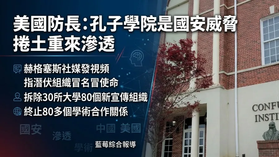美國國防部列孔子學院為國安威脅 赫格塞斯稱已拆除30所大學80個新組織的封面圖片