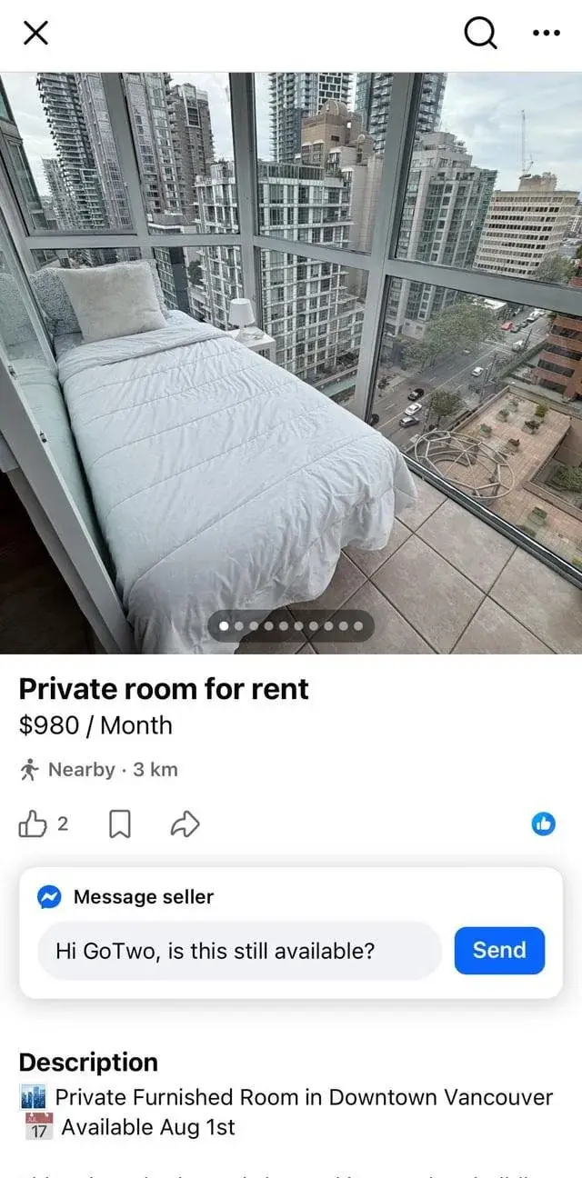 加拿大溫哥華房東將1.26坪陽台改為private room（私人房）高價出租，月租高達980加元，主打市中心地段，空間狹小動線不便，離譜租屋操作引發網友熱議吐槽。（來源：Weary_Position_9591@reddit）