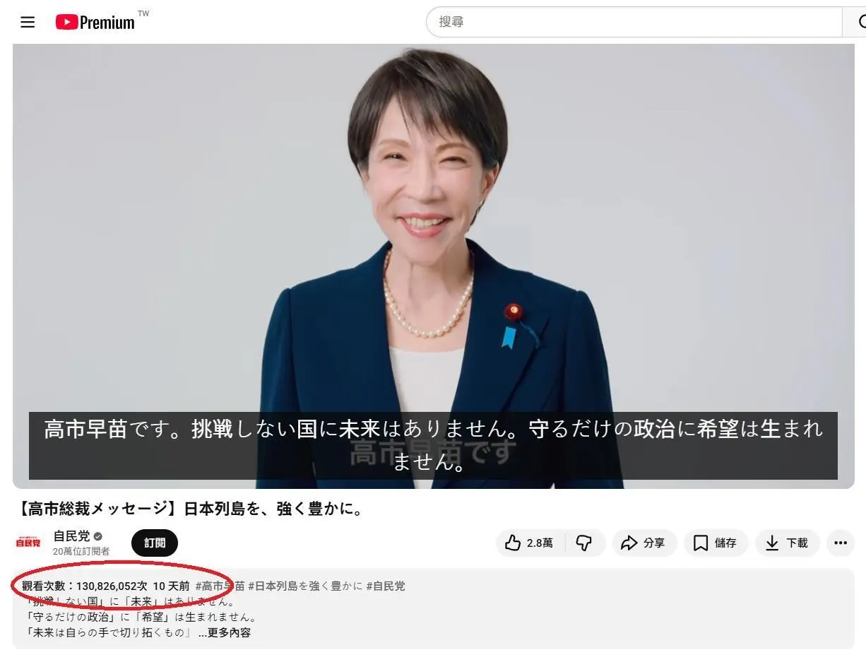 日本執政黨自民黨官方YouTube頻道上傳首相高市早苗擔任主角的宣傳影片，公開不到10天播放次數即突破1億次，不少知名YouTuber直言「播放次數不太正常」。翻攝：YouTube / 自民党