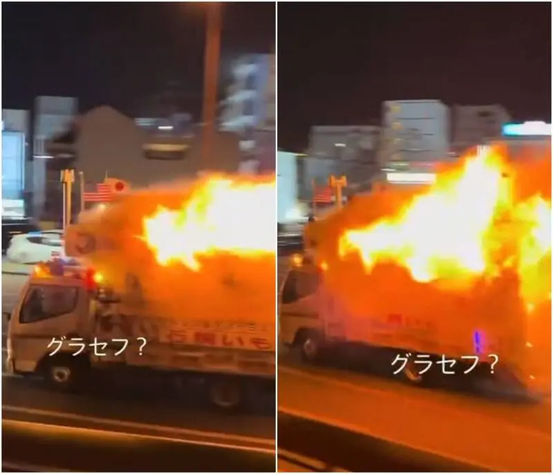 日本熊本市一輛知名烤地瓜移動販賣車突起火，七旬司機未停車，帶火一路狂飆至西消防署求救，火勢撲滅後車輛報廢，所幸無人傷亡，JAF緊急提醒勿效仿。（來源：dareka_sav@X）