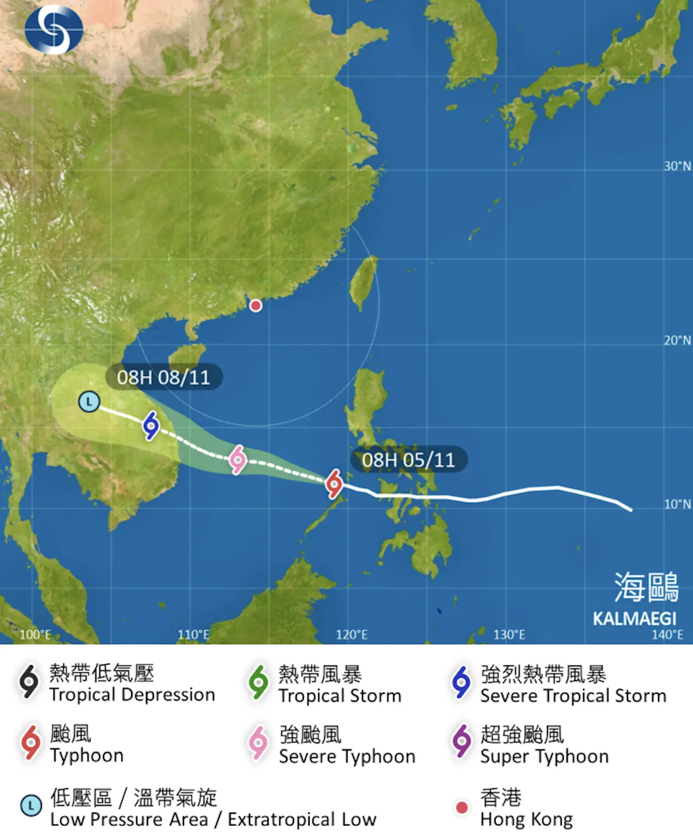據天文台 11 月 4 日晚最新觀測，颱風「海鷗」目前集結在香港東南偏南約 1450 公里處，正橫過菲律賓中南部，預計 11 月 5 日進入南海後會增強為強颱風。(圖：天文台)