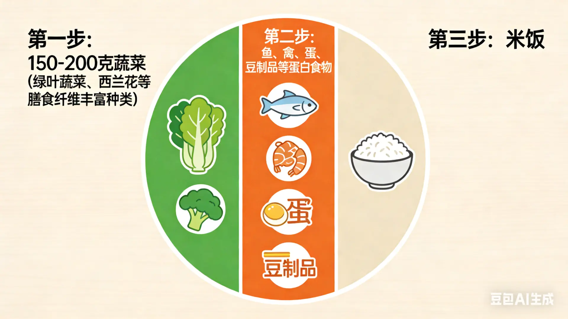 每餐先吃150–200克蔬菜，尤其是綠葉蔬菜、西蘭花等膳食纖維豐富的種類，然後吃魚、禽、蛋、豆製品等蛋白食物，最後再吃米飯。膳食纖維和蛋白質能延緩胃排空，讓碳水化合物的吸收速度變慢，從而幫助平緩餐後血糖。（示意圖來源：豆包AI）
