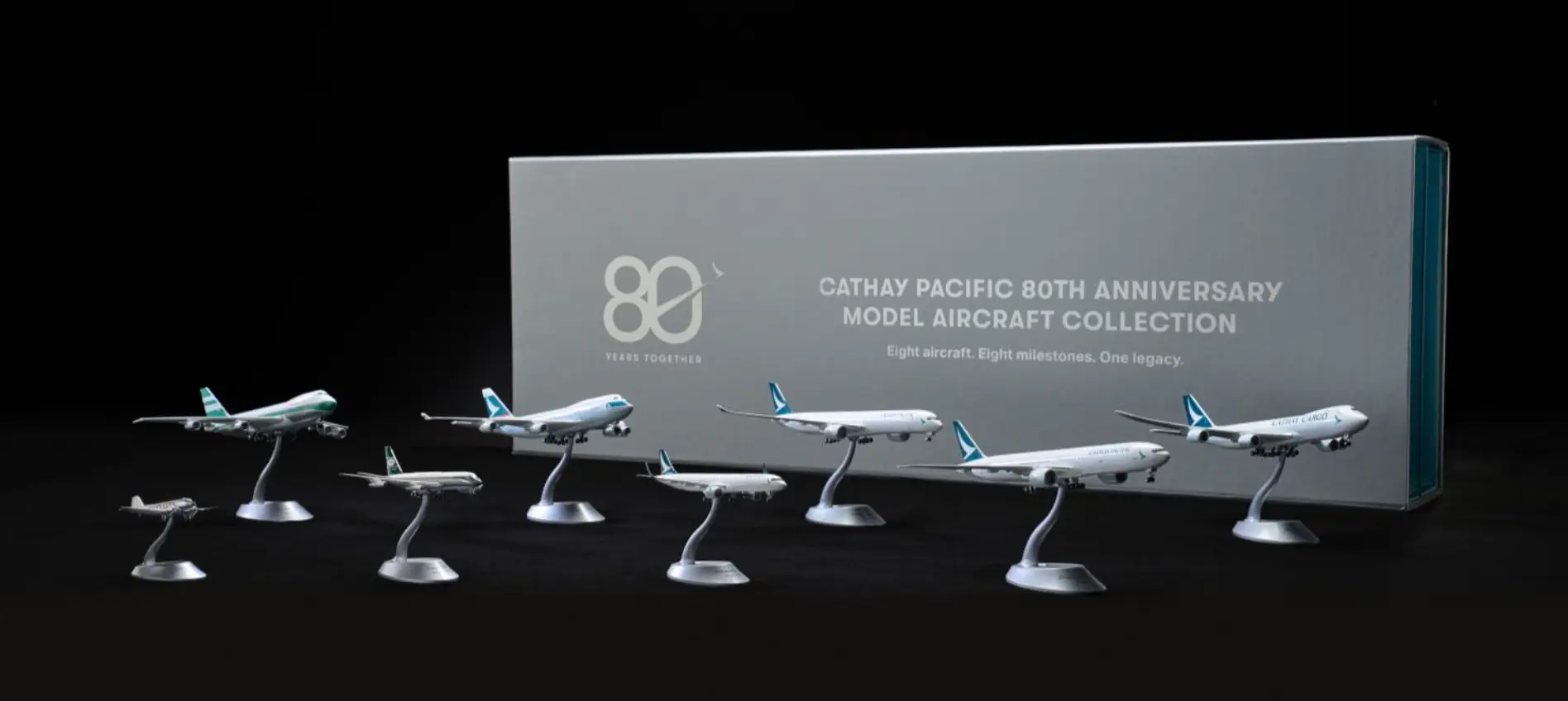 「國泰航空80周年紀念飛機模型珍藏套裝（1:400）——一套八款」。這套模型收錄八款精緻的1:400比例飛機模型，涵蓋不同年代的經典機型與標誌性塗裝。(圖：國泰航空)
